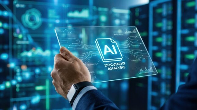 AI Document Analysis: Businessman holding a large intelligent document icon with data extraction elements in an advanced technology environment 