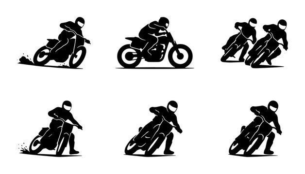 Black motorcycle racing silhouettes, action poses, graphic design