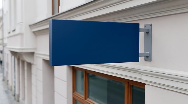 Blank blue rectangular shop sign on a building facade