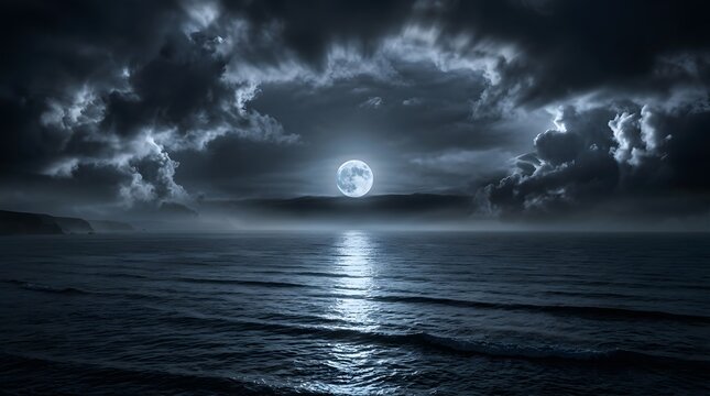 A beautiful dark ocean moonlight wallpaper featuring a glowing full moon reflecting over calm waves under a cloudy night sky