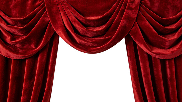 Elegant long-lasting pleated theater red velvet curtains with a transparent background, interior design element, png