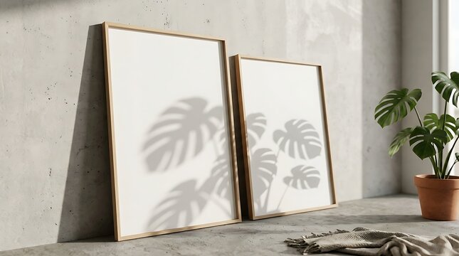 Two blank wooden frames leaning against a concrete wall