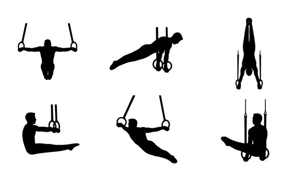 Black gymnast silhouettes on rings, athletic poses, sports background