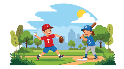 Naklejka premium Flat style vector illustration of children playing baseball outdoors, featuring a batter and pitcher in a park, representing teamwork, recreation, exercise and active childhood