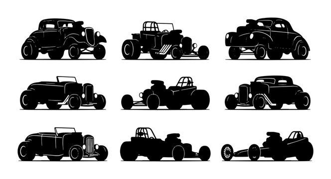 Black hot rod car silhouettes, classic automotive design set, graphic