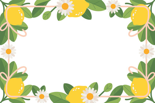 Fresh Lemon Border with Green Leaves, White Daisies and Pink Bows, Cheerful Summer Frame