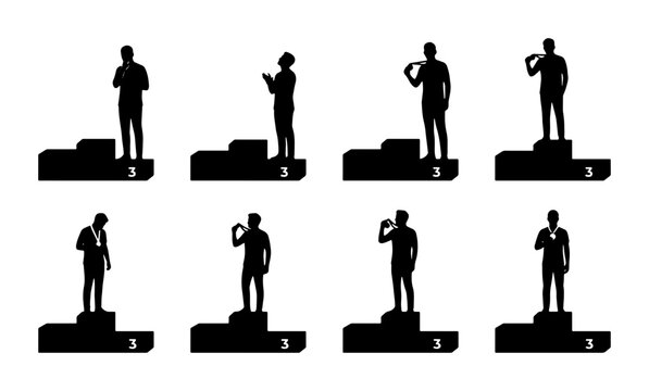 Black silhouette figures on podiums, third place winners, sports