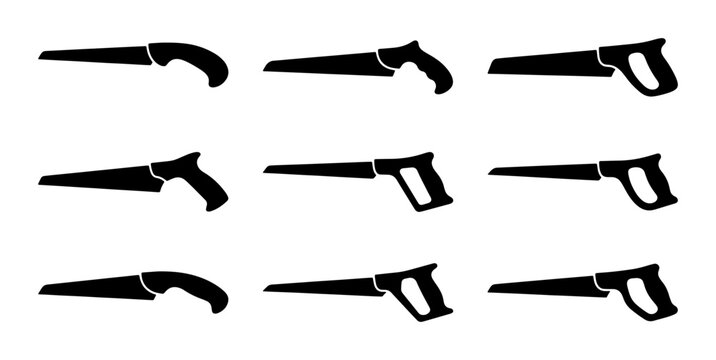 Black hand saws set, construction tools isolated on white, graphic