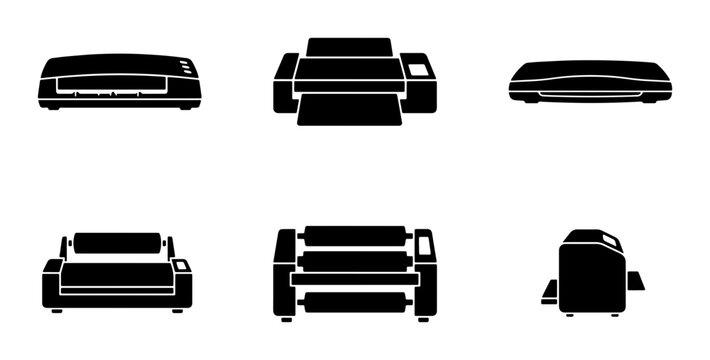 Black office machine icons, printer and laminator set, graphic design