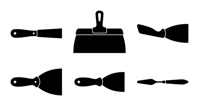 Black drywall putty knives and scrapers, tool set for renovation and