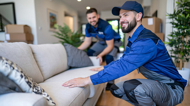 Two professional movers carrying a light colored sofa through a hallway toward a new living room, stacks of cardboard boxes visible beside the walls, residential moving day, relocation logistics and