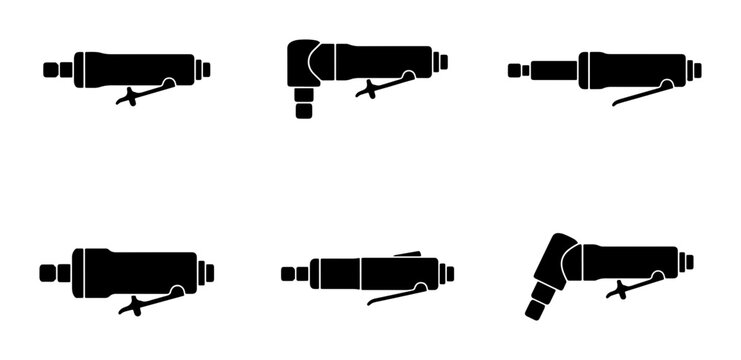 Black pneumatic tools silhouettes, straight and angled die grinders