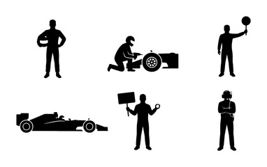 Obraz premium Black racing car and pit crew silhouettes, icons for motorsport