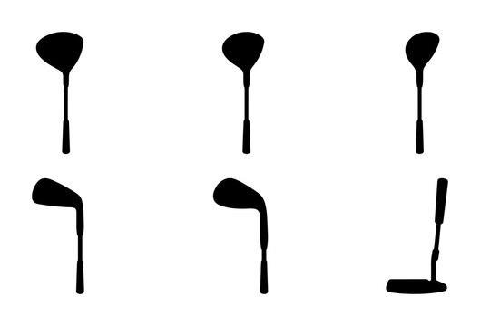 Black golf club silhouettes on white background, set of sporting