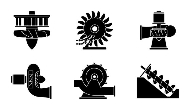Black turbine and Archimedes screw silhouettes, industrial machinery