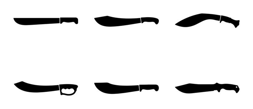 Black machete and kukri knife silhouettes, jungle tool design