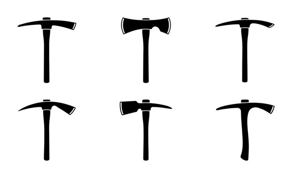 Black pickaxe and axe silhouettes on white background, construction