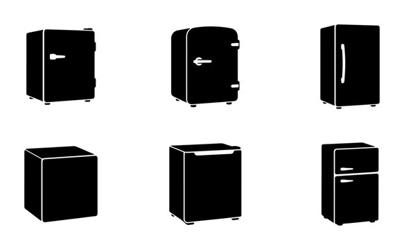 Black refrigerator icons, mini fridge and freezer set, graphic design