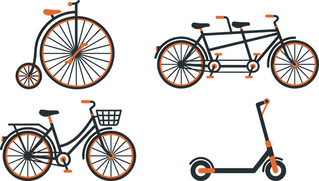 Bicycle flat icon vector set featuring penny farthing, tandem bike, city bicycle with basket, and electric kick scooter for eco friendly transport graphic design.