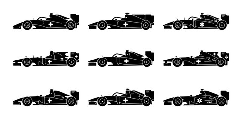 Fototapeta premium Black formula 1 race car silhouettes with medical cross, set for sport