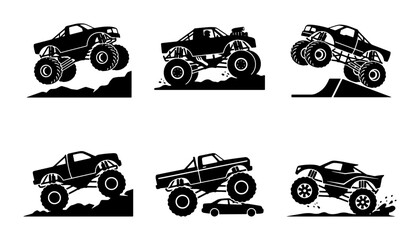 Black monster trucks set, action poses, flat design, graphic elements © sogir