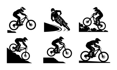 Fototapeta premium Black and white silhouette icons of downhill mountain bikers, extreme
