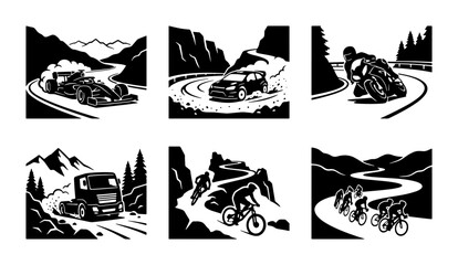 Fototapeta premium Black and white vehicle and cycling icons, landscape road scenes