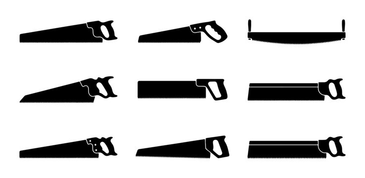 Black hand saws silhouettes, set of woodworking tools, graphic element