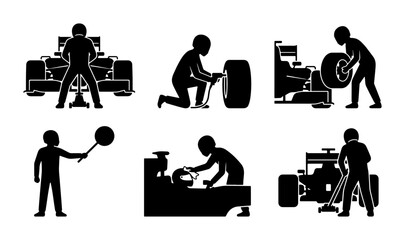 Fototapeta premium Black racing pit crew icons, F1 car service, graphic set