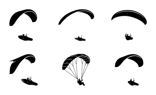 Black and white paragliding silhouettes, graphic icons, extreme sport