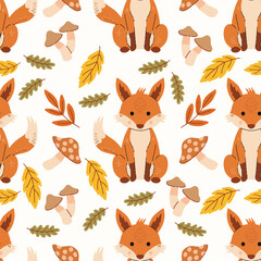 Fototapeta premium Cute sitting orange fox and autumn oak leaves seamless pattern vector illustration, hand drawn scandinavian woodland animal repeat background for nursery wallpaper and nursery decor