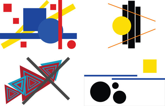 Abstract geometric composition collection featuring constructivism style shapes, minimal lines, colorful squares, triangles, and circles for modern art, graphic backdrop, and creative design vector.