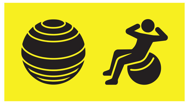 Black silhouette icon of a person doing core crunches on a stability exercise gym ball against a yellow background with crunch exercise