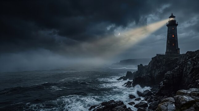 Majestic lighthouse shining a powerful beam across dark stormy seas and dramatic rocky cliffs at night