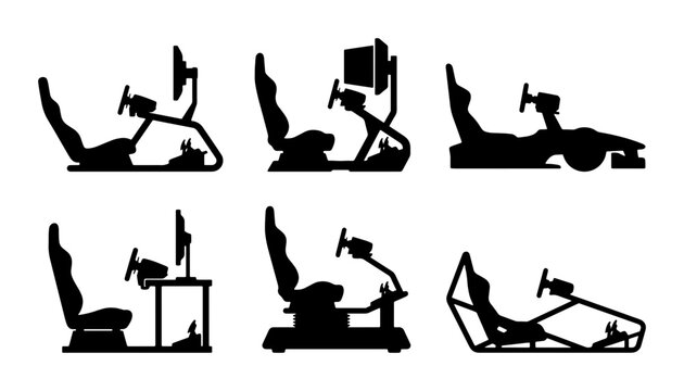 Black racing simulators silhouettes, different designs, graphic