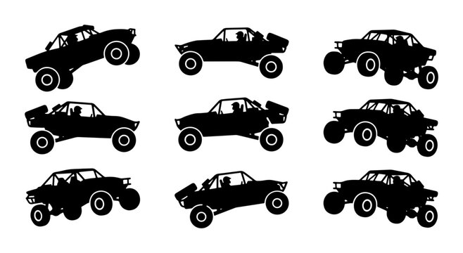 Black buggy off-road vehicle silhouettes, dune buggy and sand rail