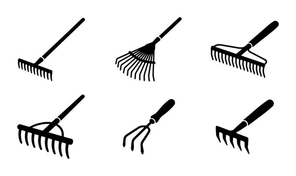 Black garden rakes and hand cultivator silhouettes, tool set, graphic