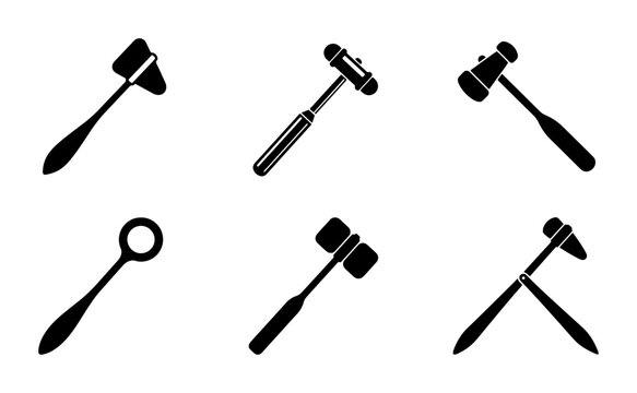 Black reflex hammer icons, medical tools set, graphic design