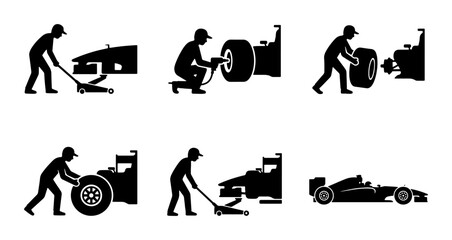 Fototapeta premium Black F1 racing car pit stop and tire change icons, clean design