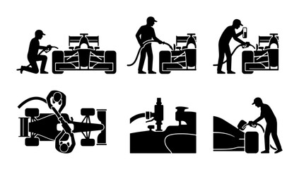 Fototapeta premium Black Formula 1 pit stop icons, refueling and crew actions, graphic