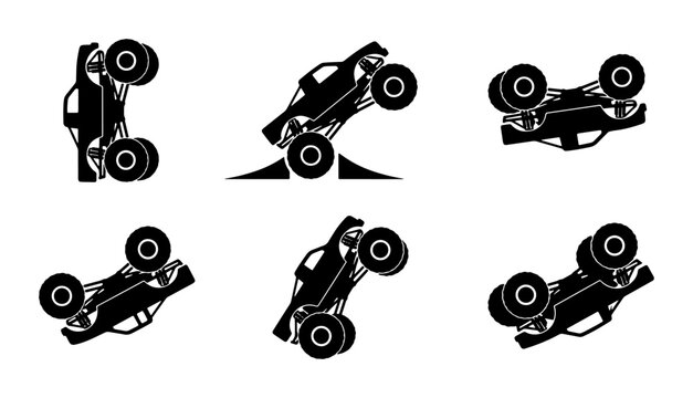 Black off-road monster truck icons, rollover stunts, graphic elements