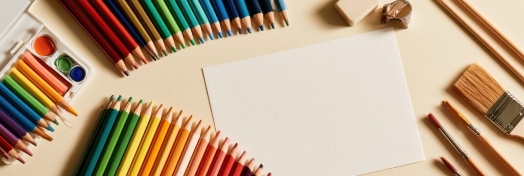 Bright art supplies are arranged on a cream surface, ready for children to start their creative activities using colored pencils and brushes.