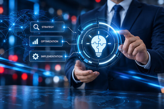 Man interacting with digital interface displaying strategy optimization and implementation concepts