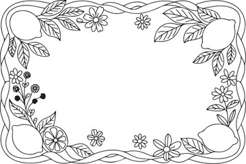Obraz premium Lemon and Strawberry Floral Frame with Daisies and Woven Vines, Botanical Coloring Line Art Border