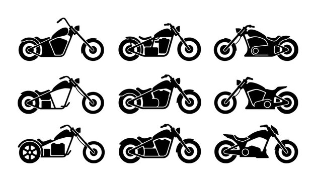 Black motorcycle silhouettes collection, different chopper styles