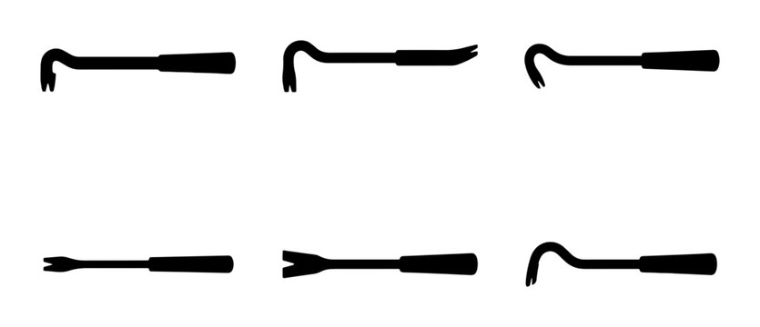 Black crowbar silhouette collection on white background, tool set