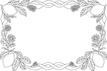 Obraz premium Elegant Lemon Botanical Frame with Leaves and Small Flowers, Minimal Black and White Line Art Border