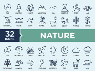 Obraz premium Nature Editable Line Icon Set with Mountains Forest Ocean Weather Plants Wildlife and Natural Landscapes