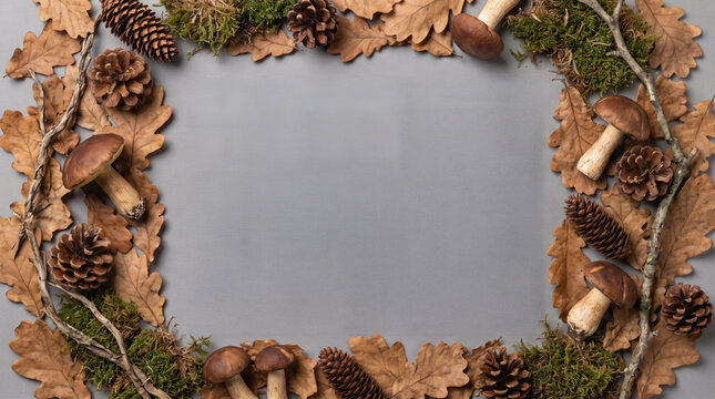 Pinecone floor forest background with autumn leaves, mushrooms, moss, and acorns framing gray space. Rustic autumn pine cone forest floor. timberland conifer wood ground, peaceful fall nature