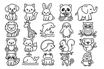 Obraz premium Cute Animal Collection, Adorable Wild and Domestic Animals Line Art Coloring Icons Vector Set